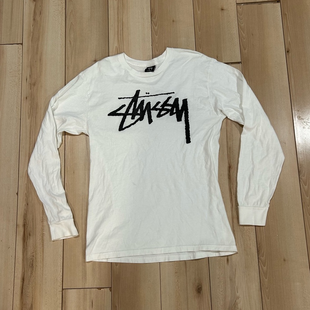 Stussy White Long Sleeve Tee with Black Logo
